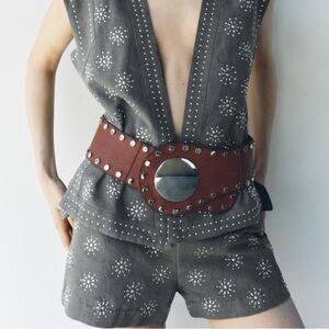 Zara Gray Linen Blend Studded Vest and Shorts Set